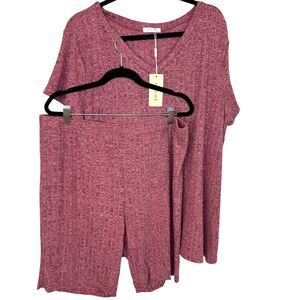 NWT Ekouaer Pink Ribbed biker shorts and short sleeve shirt lounge set size XXL